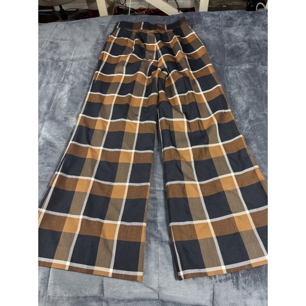 STAUD Brown Black Plaid Wide Leg Wool Blend Pleated High Rise Trousers Pants - Picture 14 of 15